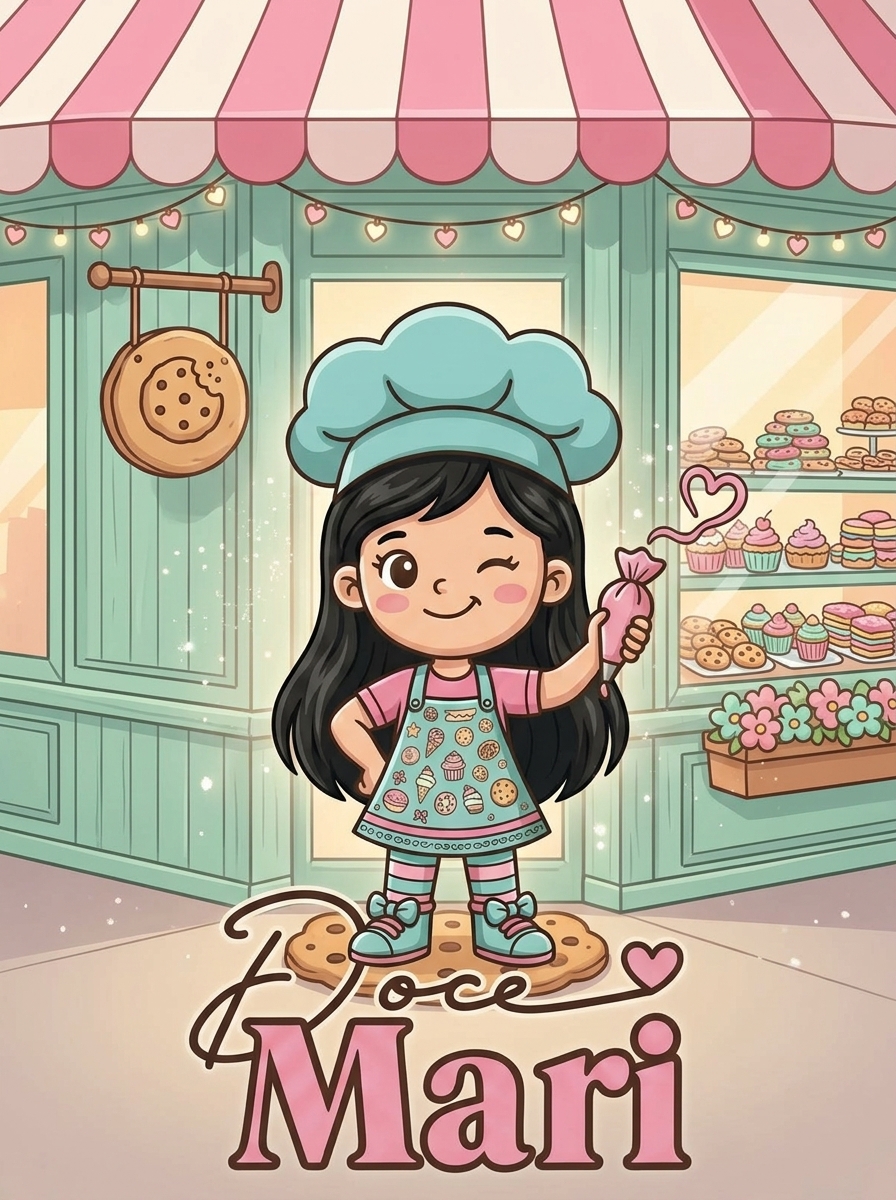 Mascote Doce Mari em frente a uma confeitaria decorada